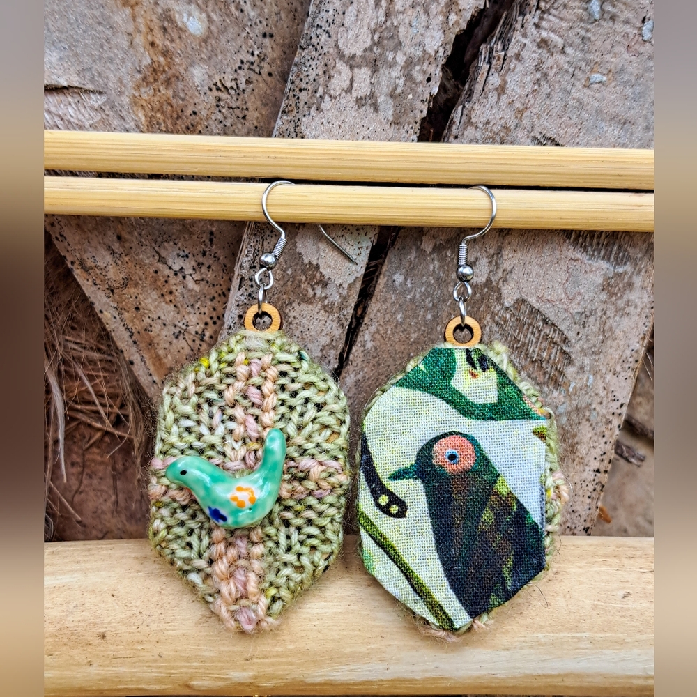Green Knit Hexagon Earrings with Hand Embroidery Elements and a Bird-Shaped Bead - Picture 8 of 16